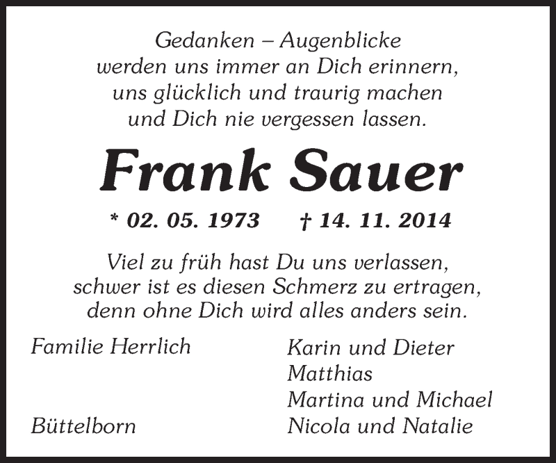  Traueranzeige für Frank Sauer vom 26.11.2014 aus Rüsselsheimer Echo, Groß-Gerauer-Echo, Ried Echo