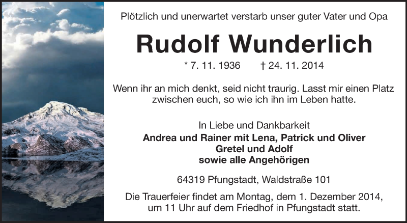  Traueranzeige für Rudolf Wunderlich vom 26.11.2014 aus Echo-Zeitungen (Gesamtausgabe)