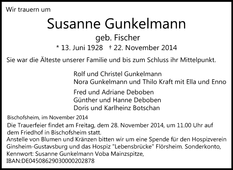  Traueranzeige für Susanne Gunkelmann vom 26.11.2014 aus Rüsselsheimer Echo, Groß-Gerauer-Echo, Ried Echo