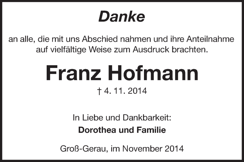  Traueranzeige für Franz Hofmann vom 29.11.2014 aus Rüsselsheimer Echo, Groß-Gerauer-Echo, Ried Echo