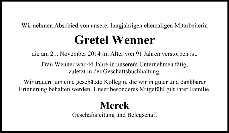  Traueranzeige für Gretel Wenner vom 28.11.2014 aus Echo-Zeitungen (Gesamtausgabe)