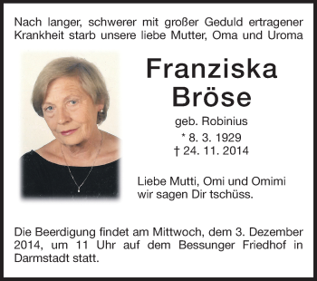 Traueranzeige von Franziska Bröse von Echo-Zeitungen (Gesamtausgabe)