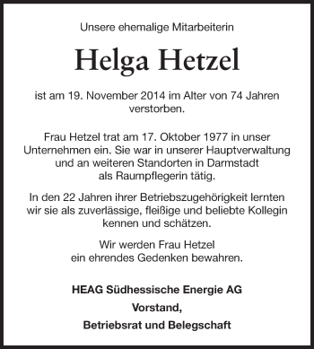 Traueranzeige von Helga Hetzel von Echo-Zeitungen (Gesamtausgabe)