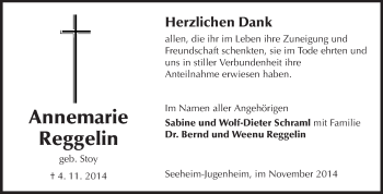 Traueranzeige von Annemarie Reggelin von Echo-Zeitungen (Gesamtausgabe)