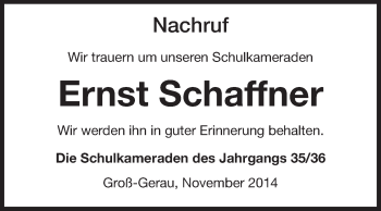 Traueranzeige von Ernst Schaffner von Rüsselsheimer Echo, Groß-Gerauer-Echo, Ried Echo