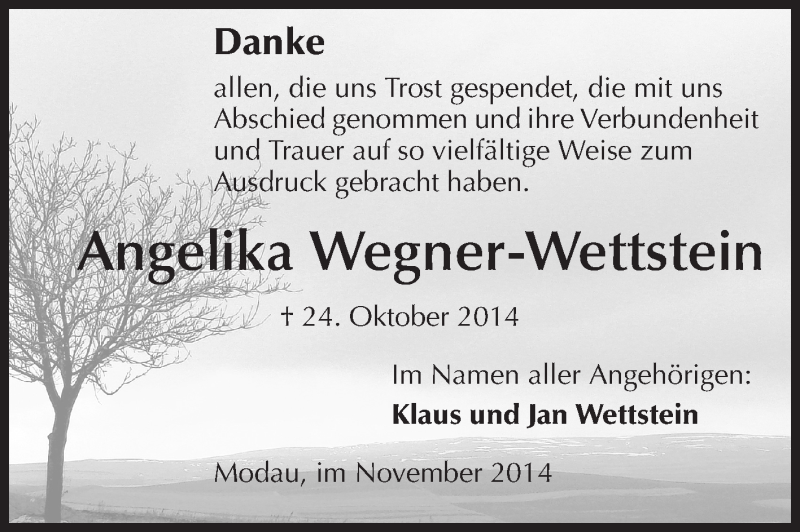  Traueranzeige für Angelika Wegner-Wettstein vom 29.11.2014 aus Echo-Zeitungen (Gesamtausgabe)