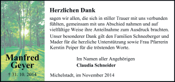 Traueranzeige von Manfred Geyer von Odenwälder Echo