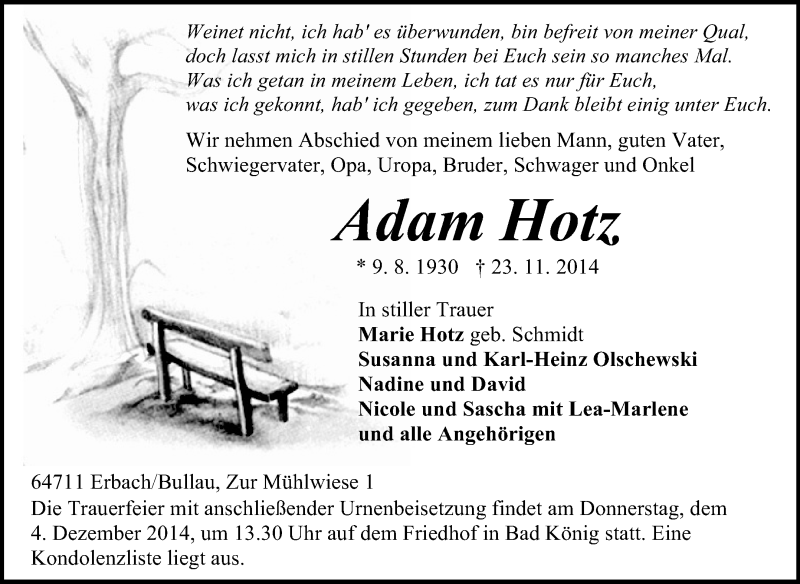  Traueranzeige für Adam Hotz vom 01.12.2014 aus Odenwälder Echo