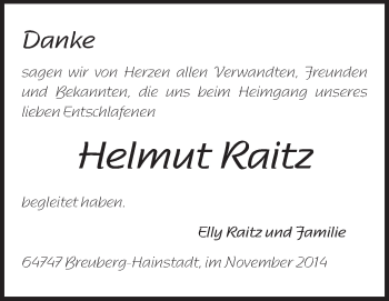 Traueranzeige von Helmut Raitz von Odenwälder Echo