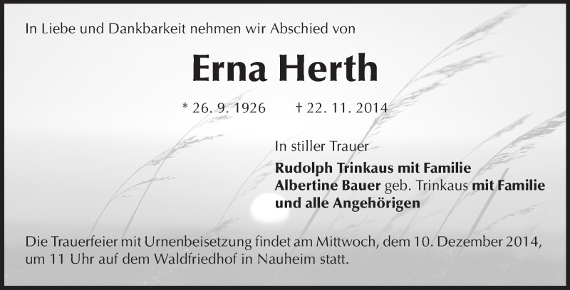  Traueranzeige für Erna Herth vom 06.12.2014 aus Rüsselsheimer Echo, Groß-Gerauer-Echo, Ried Echo