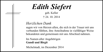 Traueranzeige von Edith Siefert von Odenwälder Echo