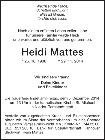 Traueranzeige von Heidi Mattes von Echo-Zeitungen (Gesamtausgabe)