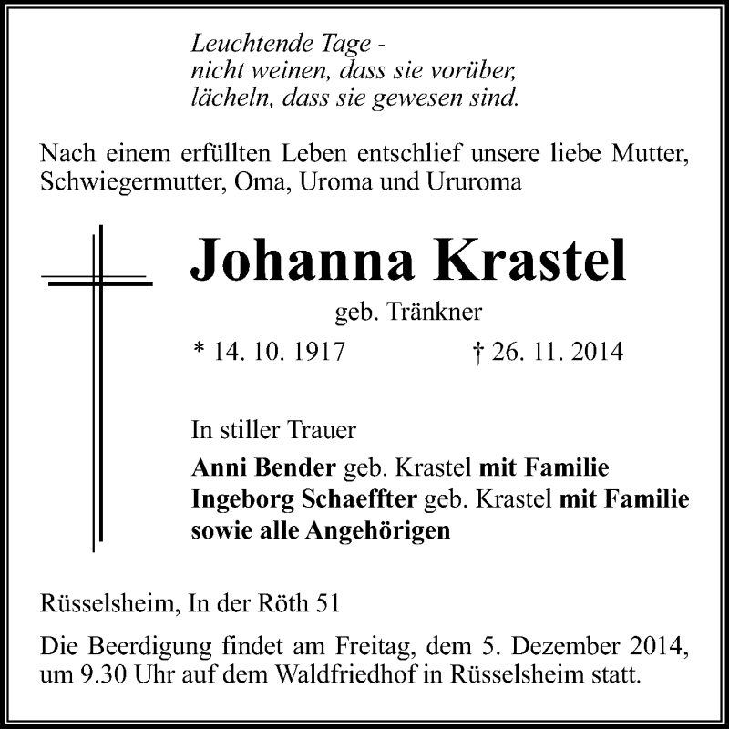  Traueranzeige für Johanna Krastel vom 02.12.2014 aus Rüsselsheimer Echo, Groß-Gerauer-Echo, Ried Echo