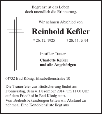 Traueranzeige von Reinhold Keßler von Odenwälder Echo