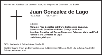 Traueranzeige von Juan González de Lago von Echo-Zeitungen (Gesamtausgabe)