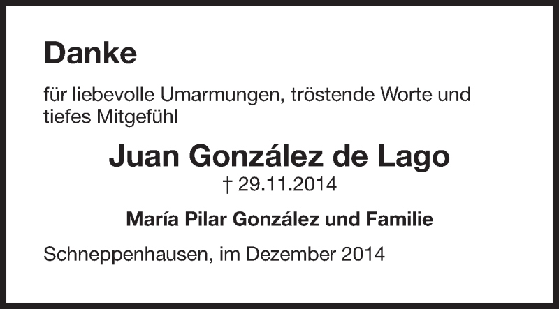  Traueranzeige für Juan Gonzalez de Lago vom 10.01.2015 aus Echo-Zeitungen (Gesamtausgabe)