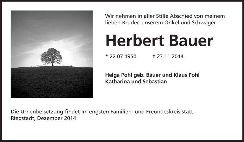  Traueranzeige für Herbert Bauer vom 03.12.2014 aus Rüsselsheimer Echo, Groß-Gerauer-Echo, Ried Echo