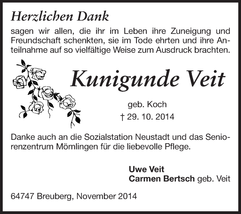  Traueranzeige für Kunigunde Veit vom 05.12.2014 aus Odenwälder Echo