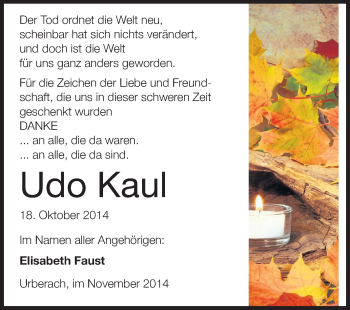 Traueranzeige von Udo Kaul von Rüsselsheimer Echo, Groß-Gerauer-Echo, Ried Echo