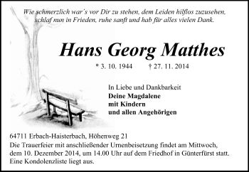 Traueranzeige von Hans Georg Matthes von Odenwälder Echo