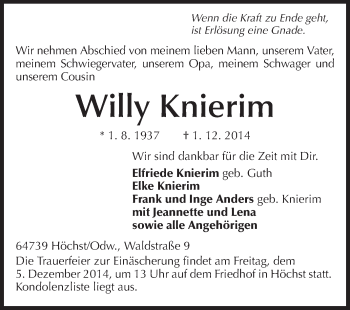 Traueranzeige von Willy Knierim von Odenwälder Echo