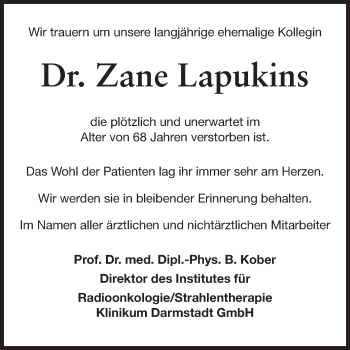 Traueranzeige von Zane Lapukins von Echo-Zeitungen (Gesamtausgabe)