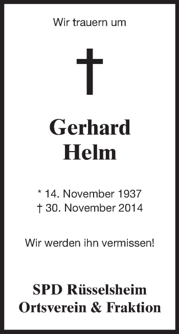 Traueranzeige von Gerhard Helm von Rüsselsheimer Echo, Groß-Gerauer-Echo, Ried Echo