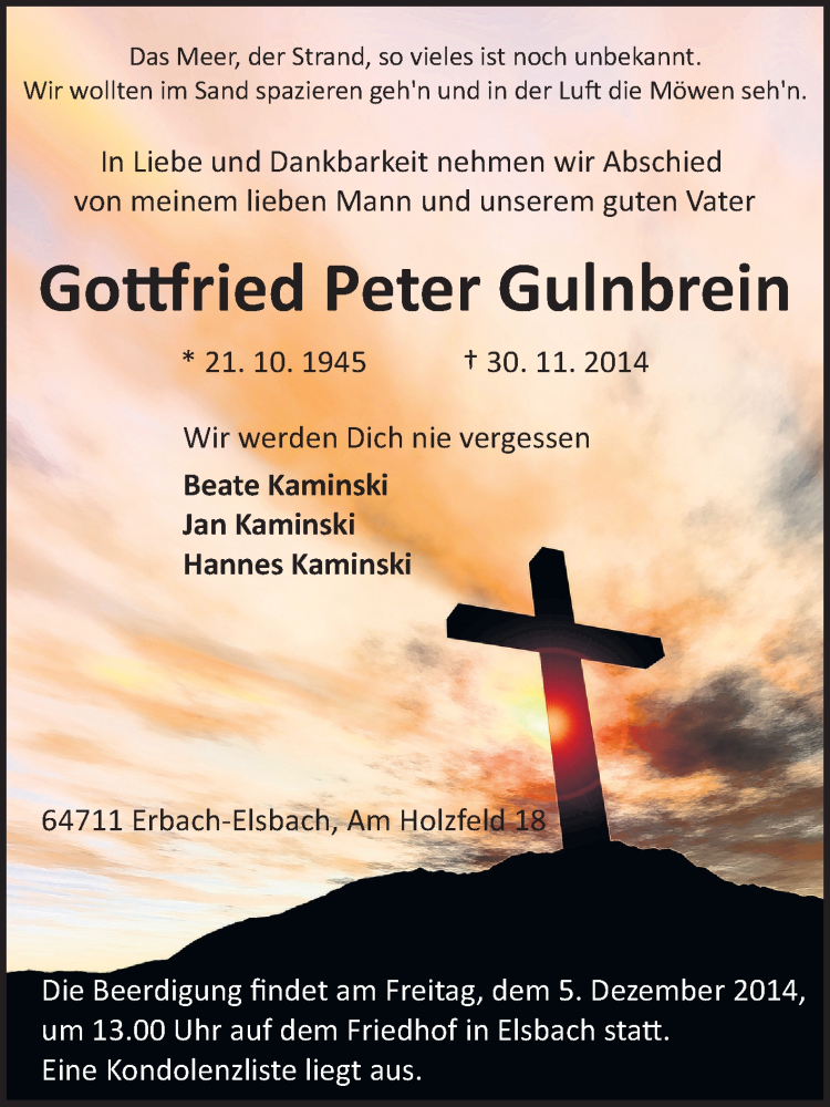  Traueranzeige für Gottfried Peter Gulnbrein vom 03.12.2014 aus Odenwälder Echo