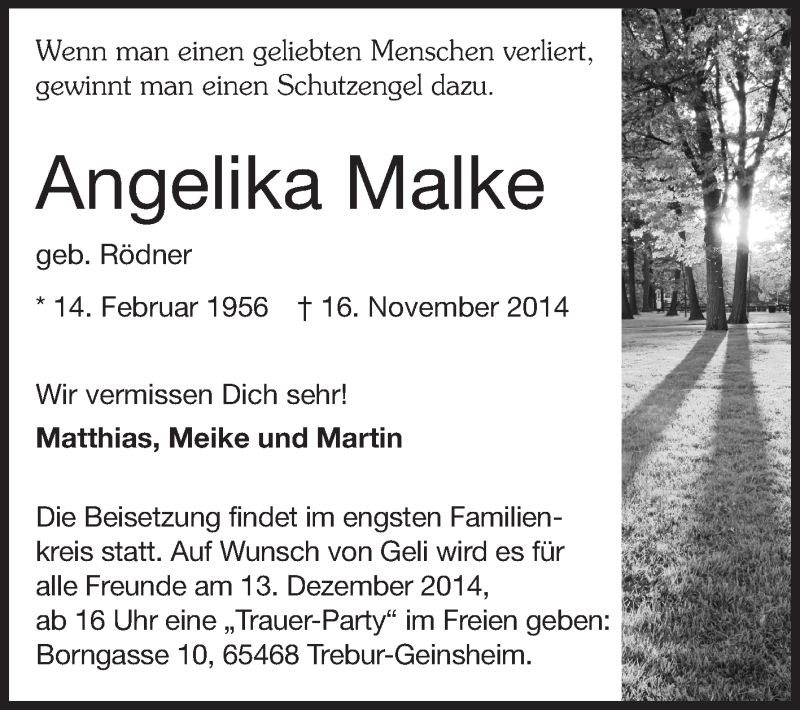  Traueranzeige für Angelika Malke vom 06.12.2014 aus Rüsselsheimer Echo, Groß-Gerauer-Echo, Ried Echo