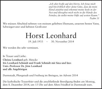 Traueranzeige von Horst Leonhard von Echo-Zeitungen (Gesamtausgabe)