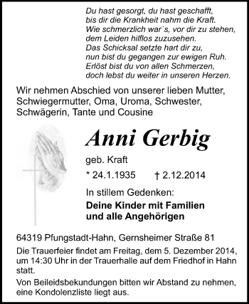 Traueranzeige von Anni Gerbig von Echo-Zeitungen (Gesamtausgabe)