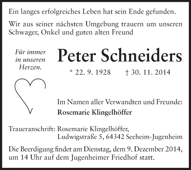  Traueranzeige für Peter Schneiders vom 06.12.2014 aus Echo-Zeitungen (Gesamtausgabe)