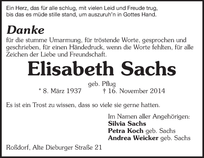  Traueranzeige für Elisabeth Sachs vom 06.12.2014 aus Echo-Zeitungen (Gesamtausgabe)