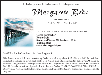 Traueranzeige von Margarete Bein von Odenwälder Echo