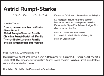Traueranzeige von Astrid Rumpf-Starke von Echo-Zeitungen (Gesamtausgabe)