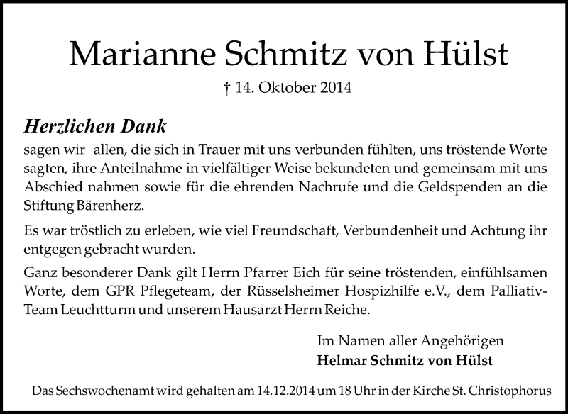  Traueranzeige für Marianne Schmitz von Hülst vom 06.12.2014 aus Rüsselsheimer Echo, Groß-Gerauer-Echo, Ried Echo