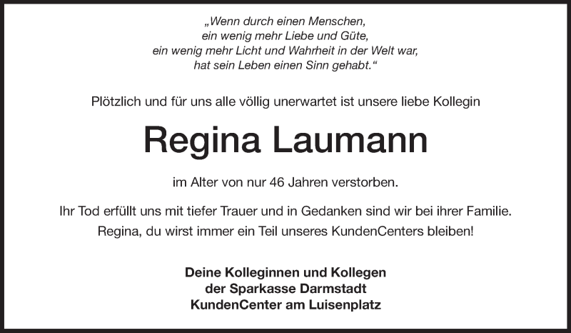  Traueranzeige für Regina Laumann vom 06.12.2014 aus Echo-Zeitungen (Gesamtausgabe)