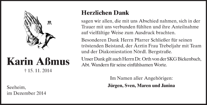  Traueranzeige für Karin Aßmus vom 06.12.2014 aus Echo-Zeitungen (Gesamtausgabe)