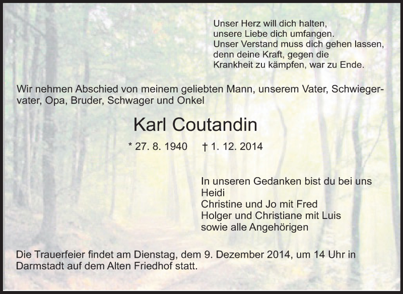  Traueranzeige für Karl Coutandin vom 06.12.2014 aus Echo-Zeitungen (Gesamtausgabe)