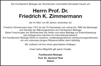 Traueranzeige von Friedrich Zimmermann von Echo-Zeitungen (Gesamtausgabe)