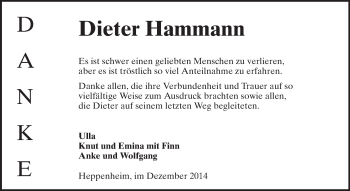 Traueranzeige von Dieter Hammann von Starkenburger Echo, Bergsträßer Anzeiger