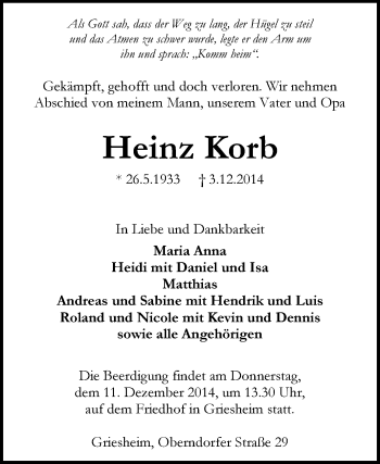 Traueranzeige von Heinz Korb von Echo-Zeitungen (Gesamtausgabe)