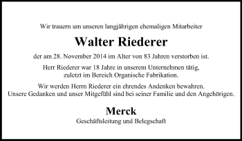 Traueranzeige von Walter Riederer von Echo-Zeitungen (Gesamtausgabe)