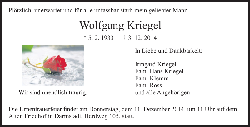  Traueranzeige für Wolfgang Kriegel vom 06.12.2014 aus Echo-Zeitungen (Gesamtausgabe)