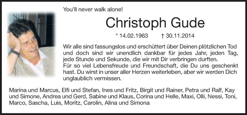  Traueranzeige für Christoph Gude vom 06.12.2014 aus Echo-Zeitungen (Gesamtausgabe)