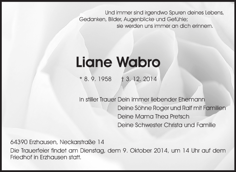  Traueranzeige für Liane Wabro vom 06.12.2014 aus Echo-Zeitungen (Gesamtausgabe)