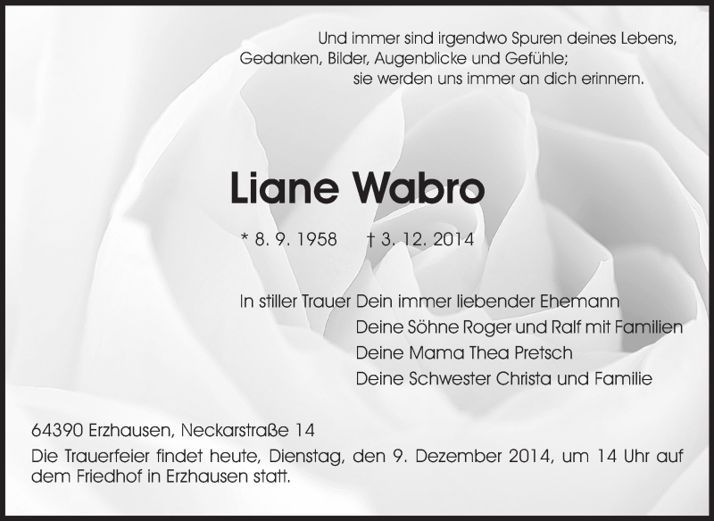  Traueranzeige für Liane Wabro vom 09.12.2014 aus Echo-Zeitungen (Gesamtausgabe)