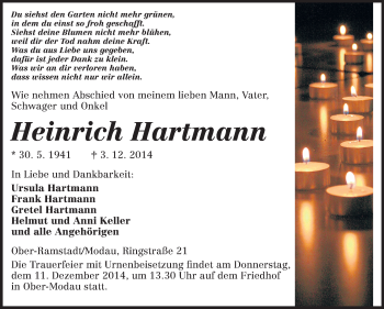 Traueranzeige von Heinrich Hartmann von Echo-Zeitungen (Gesamtausgabe)