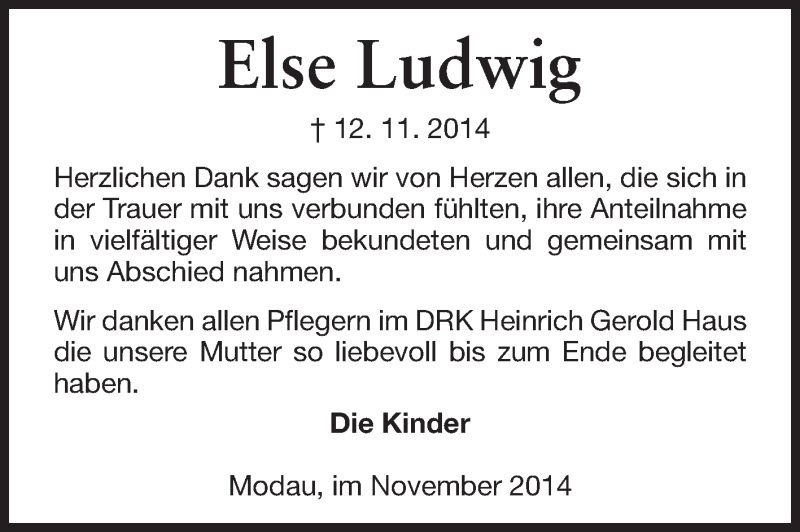  Traueranzeige für Else Ludwig vom 06.12.2014 aus Echo-Zeitungen (Gesamtausgabe)