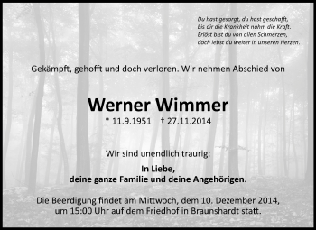 Traueranzeige von Werner Wimmer von Echo-Zeitungen (Gesamtausgabe)